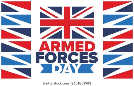 Dia das Forças Armadas no Reino Unido. Bandeira britânica. Dia dos Veteranos e Memorial. Férias para homenagear as forças armadas. Bandeira britânica. Dia do Exército. Cartaz de arte criativa. Ilustração vetorial