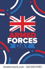 Dia das Forças Armadas no Reino Unido. Bandeira britânica. Dia dos Veteranos e Memorial. Férias para homenagear as forças armadas. Bandeira britânica. Dia do Exército. Cartaz de arte criativa. Ilustração vetorial