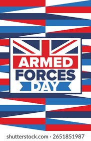 Armed Forces Day in United Kingdom. Great Britain flag. Veterans' and Memorial Day. Holiday to honoring the armed forces. British flag. Army Day. Creative art poster. Vector illustration