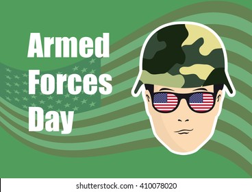 Armed Forces Day vector. Background with American flag. Festive vector illustration. Soldier on background with American flag