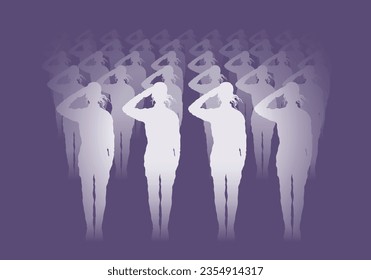 Armed forces. Female soldier salutes. Military units white silhouettes