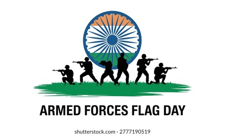 armed forces flag day illustration featuring indian soldiers silhouette with ashoka chakra symbol for patriotic military celebration, national honor and defense tribute