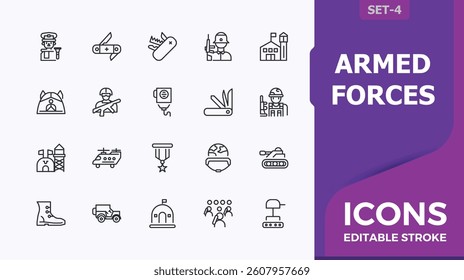 Armed Forces icon collection. Contain linear symbols military, navy, defense, warfare, weapon and more. Army modern icon set. Outline icons pack. Minimalist vector artwork and illustration.