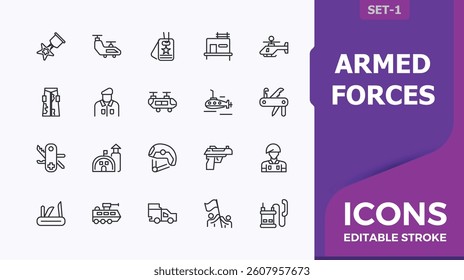 Armed Forces icon collection. Contain linear symbols military, navy, defense, warfare, weapon and more. Army modern icon set. Outline icons pack. Minimalist vector artwork and illustration.