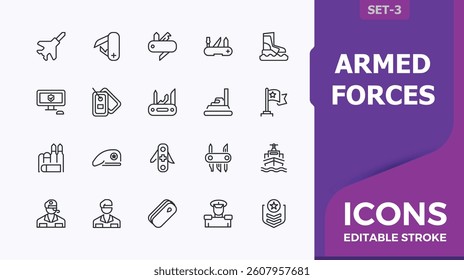 Armed Forces icon collection. Contain linear symbols military, navy, defense, warfare, weapon and more. Army modern icon set. Outline icons pack. Minimalist vector artwork and illustration.