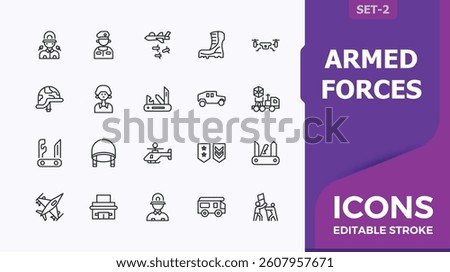 Armed Forces icon collection. Contain linear symbols military, navy, defense, warfare, weapon and more. Army modern icon set. Outline icons pack. Minimalist vector artwork and illustration.