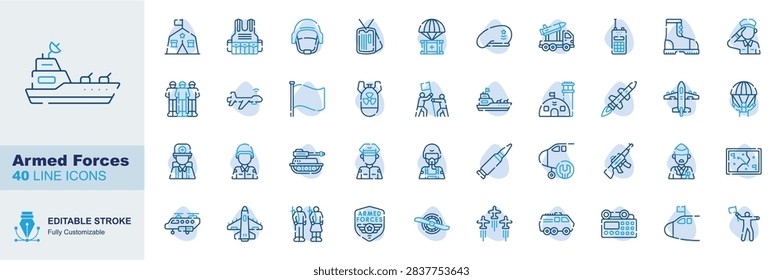 Armed Forces icon set. Editable line icons military, army, soldier, weapon vector illustration