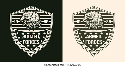 Armed forces monochrome vintage logotype furious eagle for ammunition of soldiers and members of military company mercenary army vector illustration
