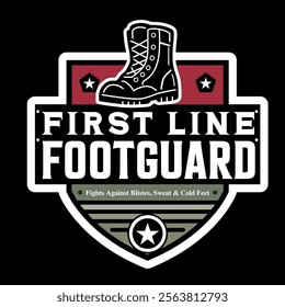 Armed forces shoes with first line footguard emblem logo. red and olive color with black and white vector design.