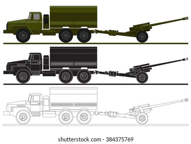 armed forces unit. army truck and artillery system. vector illustration