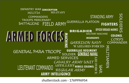 Armed forces word displayed in black color white shadow with related text on green background vector abstract for info purpose.  