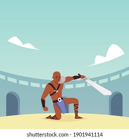 Gladiador armado del imperio romano de la era con espada en el campo de batalla. Carácter histórico de roma antiguo en acción de lucha. Ilustración vectorial de dibujos animados planos