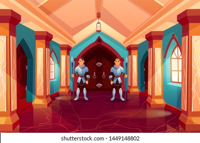 Armed Guards In Knight Armor Stand Near Forged Wooden Door In Castle Corridor Protecting King Apartment, Medieval Palace Interior, Hallway With Pillars And Marble Floor, Cartoon Vector Illustration