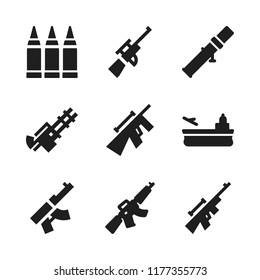 armed icon. 9 armed vector icons set. sniper, bazooka and machine gun icons for web and design about armed theme