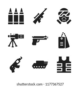 armed icon. 9 armed vector icons set. bulletproof vest, handgun and dog tags military icons for web and design about armed theme
