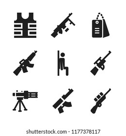 armed icon. 9 armed vector icons set. bulletproof vest, rifle and squad icons for web and design about armed theme