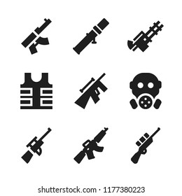 armed icon. 9 armed vector icons set. bulletproof vest, sniper and gas mask icons for web and design about armed theme