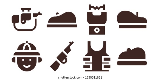 armed icon set. 8 filled armed icons.  Simple modern icons about  - Hunter, Rifle, Beret, Bulletproof, Stun gun