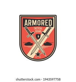 Armed infantry patch on uniform with tanks and crossed swords isolated tactical squad. Vector armored division with heavy machinery, military chevron with tanks. Armed forces defense, survival troops