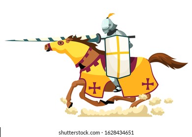 Armed knight galloping on horseback. Knighthood medieval tournament. Cartoon ancient warrior with peak and shield fighting riding horse. Jousting game. Vector flat war illustration