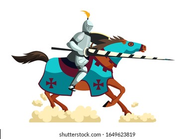 Armed knight galloping on horseback. Knighthood medieval tournament. Cartoon ancient warrior with peak and shield fighting riding horse. Jousting game. Vector flat war illustration