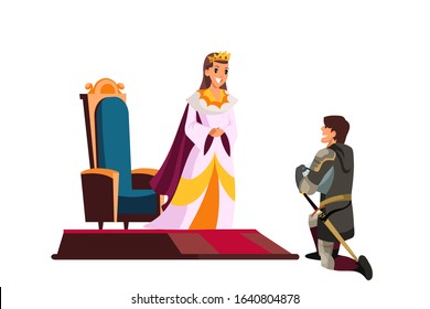 Armed knight kneeling before queen or princess. Knighting ceremony. Honoring warriors. Love and romantic scene. Cartoon male and female character. Vector illustration