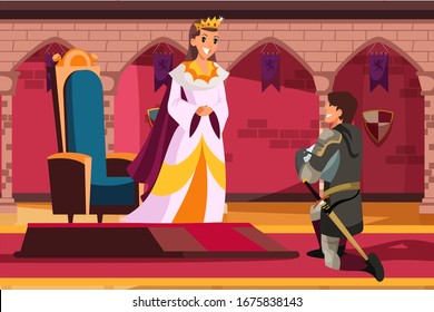 Armed knight kneeling before queen or princess. Knighting ceremony. Honoring warriors. Medieval castle interior. Love and romantic scene. Cartoon male and female character. Vector illustration