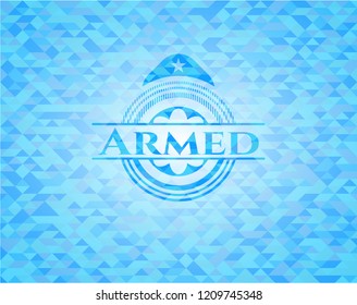 Armed light blue emblem with mosaic background