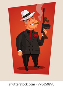 Armed Mafia Boss Character. Vector Cartoon Illustration