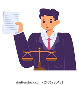 Armed man in a suit with a paper and scale. Legal, justice, business concept design for presentations, websites, and social media.