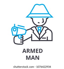 armed man thin line icon, sign, symbol, illustation, linear concept, vector 
