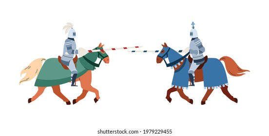 Armed medieval knights fighting on horses, flat vector illustration isolated on white background. Tournament battle of two knights in middle ages period.