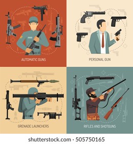 Armed men with weapons guns grenade launchers and pistols 2x2 flat design concept isolated vector illustration