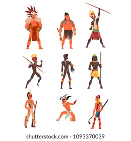 Armed native people of African tribes, Australian and American aboriginal set, tribe members in traditional clothing vector Illustrations on a white background