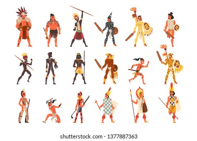 Armed native people of African tribes, Australian and American aboriginal set, tribe members in traditional clothing vector Illustrations on a white background