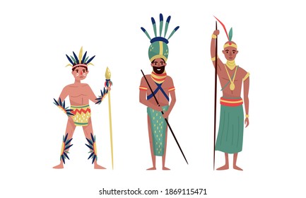 Armed  Native People Characters with American Indian and African Tribe Member Vector Illustration Set