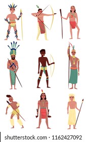 Armed native people set, American Indian, African tribe member, Australian Aboriginal characters vector Illustrations on a white background