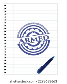 Armed pen draw. Blue ink. Vector Illustration. Detailed. 