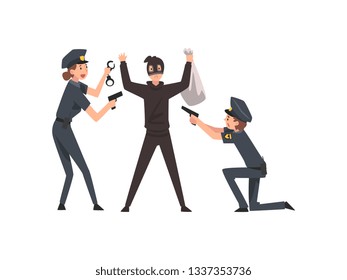 Armed Police Officer Arrested Bank Robber, Police Man And Woman Caught Criminal Vector Illustration