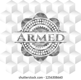 Armed realistic grey emblem with geometric cube white background
