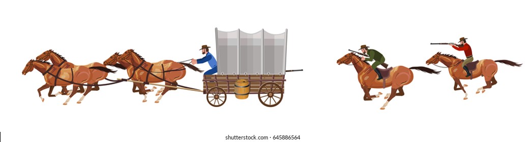 Armed Riders Chasing A Stagecoach. Vector Illustration