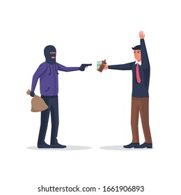 Armed robber with a gun. Robbery victim gives cash. Bandit in a mask and a money bag. Wallet in the hand. The criminal demands money. Vector illustration flat design. Isolated on white background. 