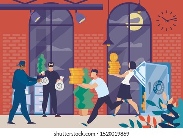 Armed Robbers In Masks Characters Forcing Bank Cartoon. Gangsters Stealing Money From Financial Institution. Scared Bankers Giving Money. Poor Office Security Service. Vector Flat Illustration