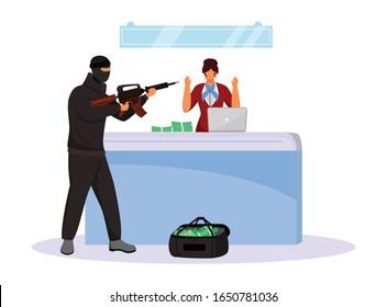 Armed Robbery Flat Color Vector Faceless Character. Criminal Threatening Bank Employee With Weapon. Robber Taking Cash By Force. Money Theft. Isolated Cartoon Illustration