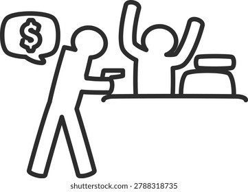 Armed robbery line icon featuring a criminal pointing a gun at a cashier stick figure.
