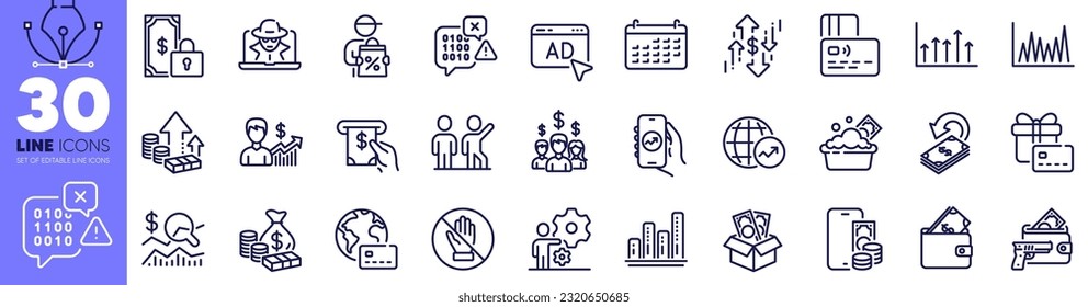 Armed robbery, Phone pay and Business growth line icons pack. Salary employees, Fraud, Growth chart web icon. Bribe, Atm service, Launder money pictogram. Wallet, Check investment, Line graph. Vector