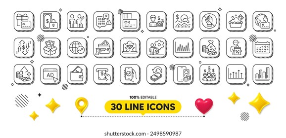 Armed robbery, Phone pay and Business growth line icons pack. 3d design elements. Salary employees, Fraud, Growth chart web icon. Bribe, Atm service, Launder money pictogram. Vector