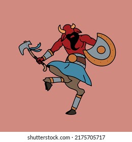 Armed satyr with ax and shield.