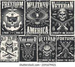 Armed Set Vintage Posters Monochrome Military Ammunition And Dead Soldiers With Inscriptions About Honor Or Valor Grunge Style Vector Illustration