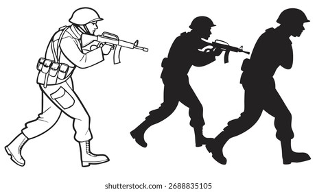 Soldados armados en acción Ilustración vectorial con posición lista para disparos y maniobras tácticas representadas en contorno y silueta